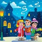 Personaje de dibujos animados los niños de pie juntos en la nieve