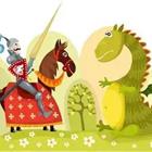 Un dibujo de una persona en un caballo de subir a un dragón verde