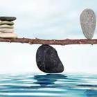 Una roca negro equilibrio de un pedazo de madera con dos objetos en él