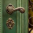 Una puerta verde con un objeto de oro en ella