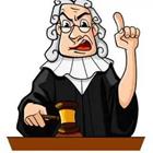 Un juez de la historieta con la mano levantada y un dedo para arriba