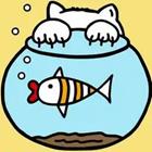 Un plato de pescado de dibujos animados con las garras de un gato en él