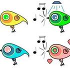 Cuatro pájaros de la historieta en diferentes colores